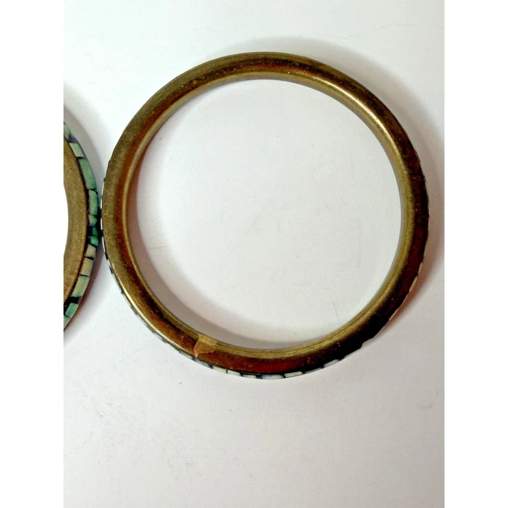 Mosaic Inlay Stone Tile Bangle Bracelet Pair Brass Tone Green Cream Southwestern